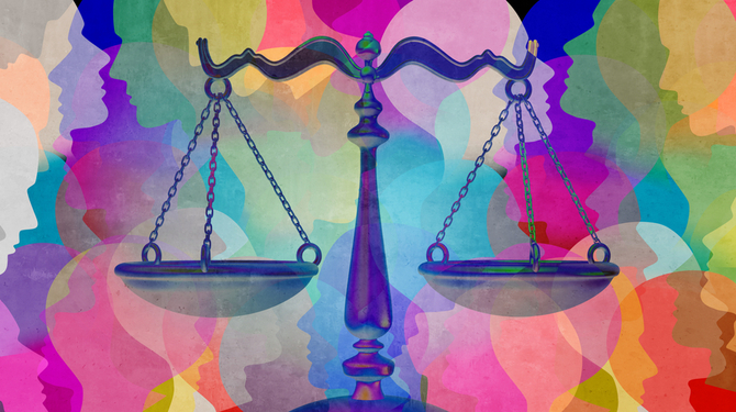 Social justice together as a crowd of diverse people with a law symbol representing community legislation and equal rights or legal lawyer icon with 3D illustration elements.