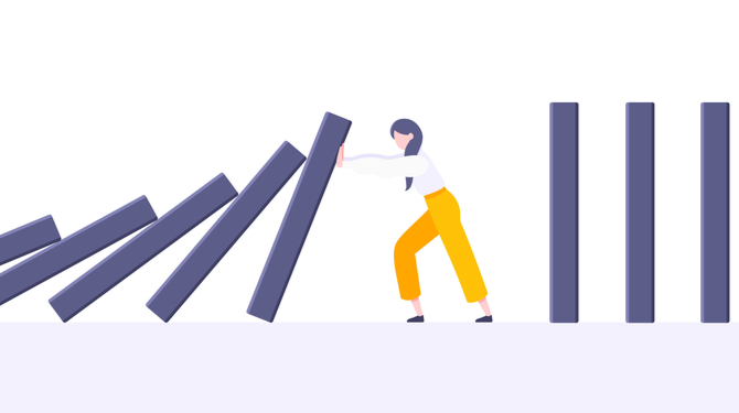 Business resilience or domino effect metaphor vector illustration concept. Adult young businesswoman pushing falling domino line business concept of problem solving and stopping chain reaction.