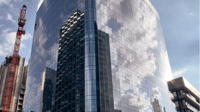 April 13 2019: Image taken of Aldgate Tower at 2 Leman Street, London E1 8FA. Aldgate station was not busy as this was taken on a weekday late afternoon.