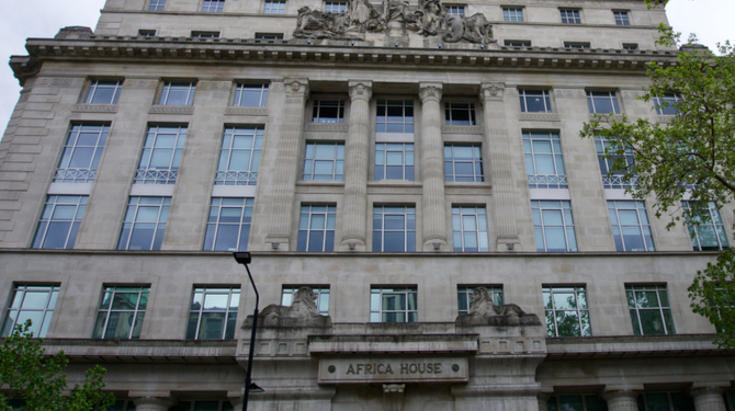 Low angle view of Africa House exterior on Kingsway, Holborn, London  S