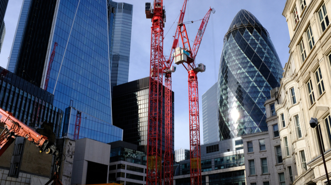 A view of the City of London from Fenchurch Street. The Gherkin, 52-54 Lime Street (The Scalpel) along with the construction of the new 40 Leadenhall Street building.