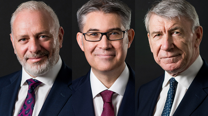 Portrait photographs of Michael Barnett, Mark Hastings and Mark Gill against dark background