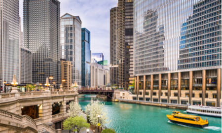 The Chicago Harbor and skyscrapers on a spring day