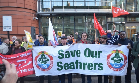 London uk 3 18 2922 emergency rally and protest at the head office of P and O ferry services at the sacking of 800 workers ,rail and maritime unions came to the offices .