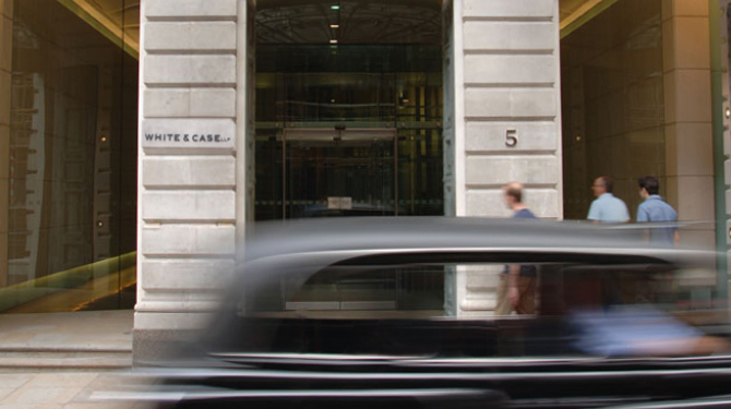 White & Case's London office, the front entrance taken from the opposite side of the road