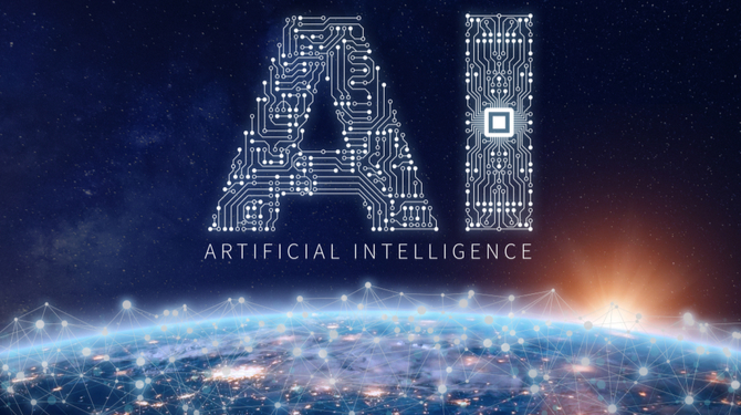 Artificial Intelligence technology concept with text AI made of electronic circuit board with microchip above planet Earth with connected network, data exchange and computing, elements from NASA