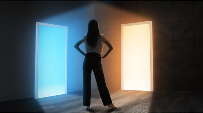 Young woman in dark room with two open doors. Concept of choice