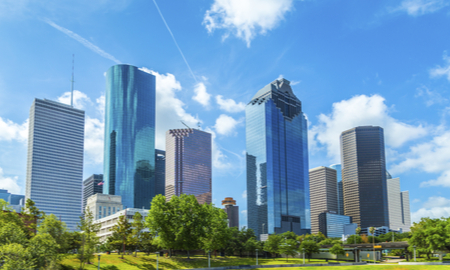 Skyline of Houston, Texas in daytime under blue sky