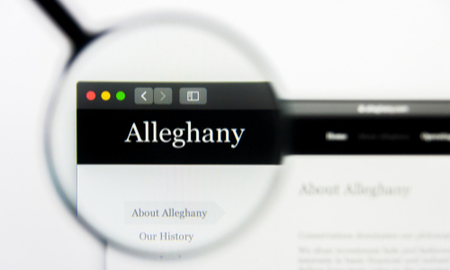 Los Angeles, California, USA - 25 March 2019: Illustrative Editorial of Alleghany website homepage. Alleghany logo visible on display screen.