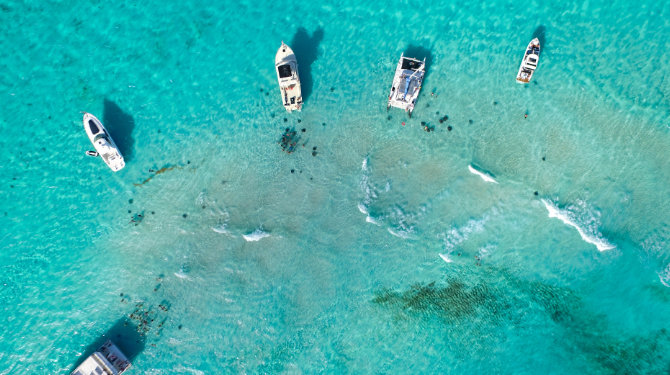 An aerial view of Stingray City, off the coast of the Cayman Islands