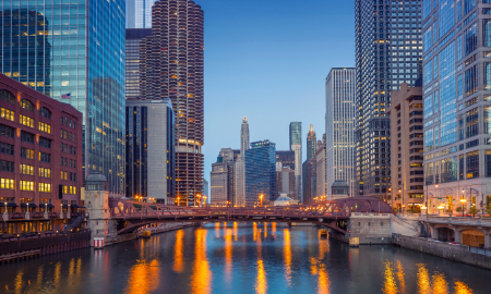 A photo of downtown Chicago just before nightfall