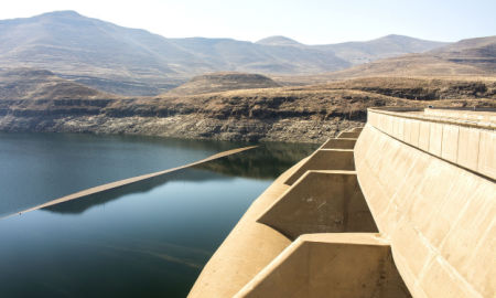 Panoramic view of Katse Dam wall in Lesotho, Southern Africa. Lesotho Highlands Water Project of the Kingdom of Lesotho and the Republic of South Africa.