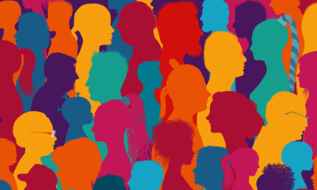 An illustration of multi-coloured silhouettes of different faces