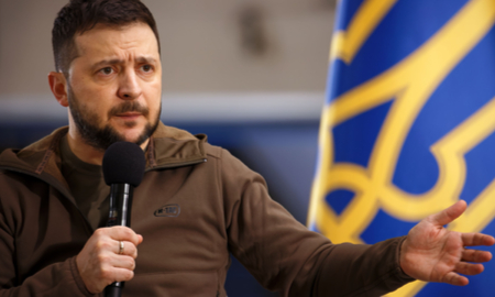 Press conference of Volodymyr Zelenskyy the President of Ukraine during Russian Ukrainian war at Kyiv Metro station to protect against air strikes. Kyiv, Ukraine