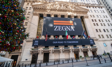 New York NY USA-December 20, 2021 The New York Stock Exchange is decorated for the listing of the luxury Italian designer Ermenegildo Zegna now just Zegna. Zegna listed in a SPAC with Investindustrial