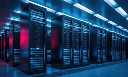 A server room illuminated with blue and red lights, highlighting the data center infrastructure and the critical role of technology in modern data management systems.