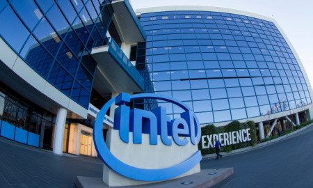 Santa Clara, CA, USA - Feb 26, 2020: Ultra-wide-angle exterior view of the Robert Noyce Building that houses the Intel Museum at Intel Corporation's headquarters in Santa Clara, California.