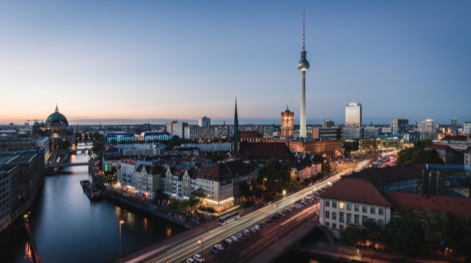 Landscape of Berlin city skyline, aerial view of the Berlin television tower at night