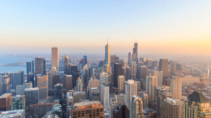 Aerial view of Chicago downtown at sunset from high above